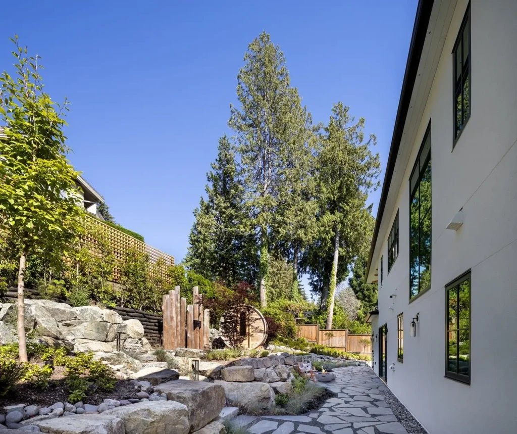 Rock-terraced side yard at the Dickinson Residence, West Vancouver